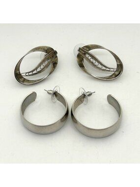 Vintage Silver Tone Hoop & Filigree Oval Earrings Jewelry Lot Pair Statement